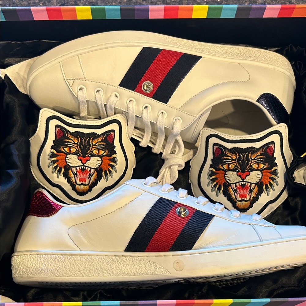 Gucci Ace Tiger sneakers White Leather Men's Sneakers with Red & Navy Stripe - Picture 10 of 12